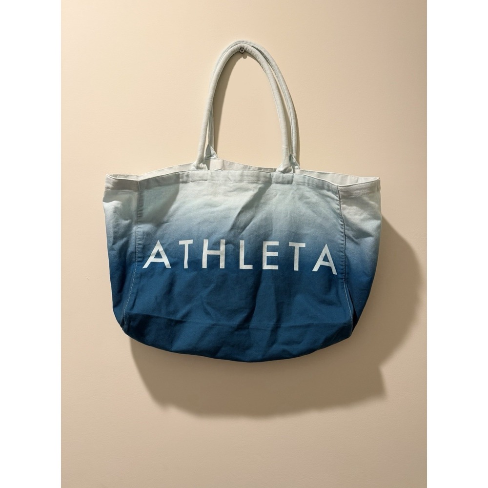 Athleta Tote Bag Blue White Ombre Dip Dye Canvas Logo Beach Gym Shopper Travel